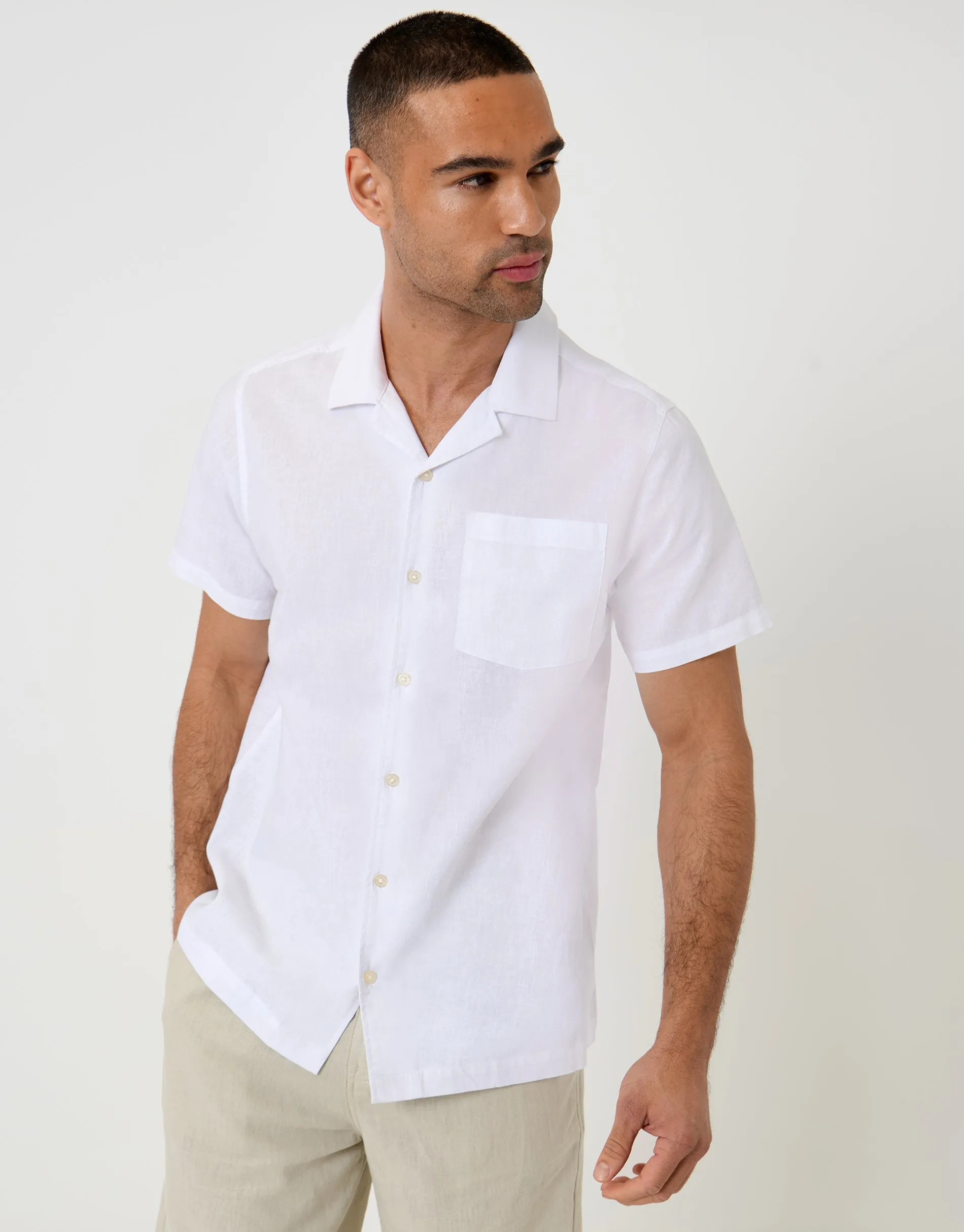 Linen Cotton Blend Short Sleeve Shirt in White sold by Threadbare