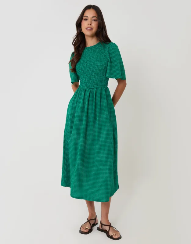 Angel Sleeve Midaxi Dress in Green Gingham made by Threadbare
