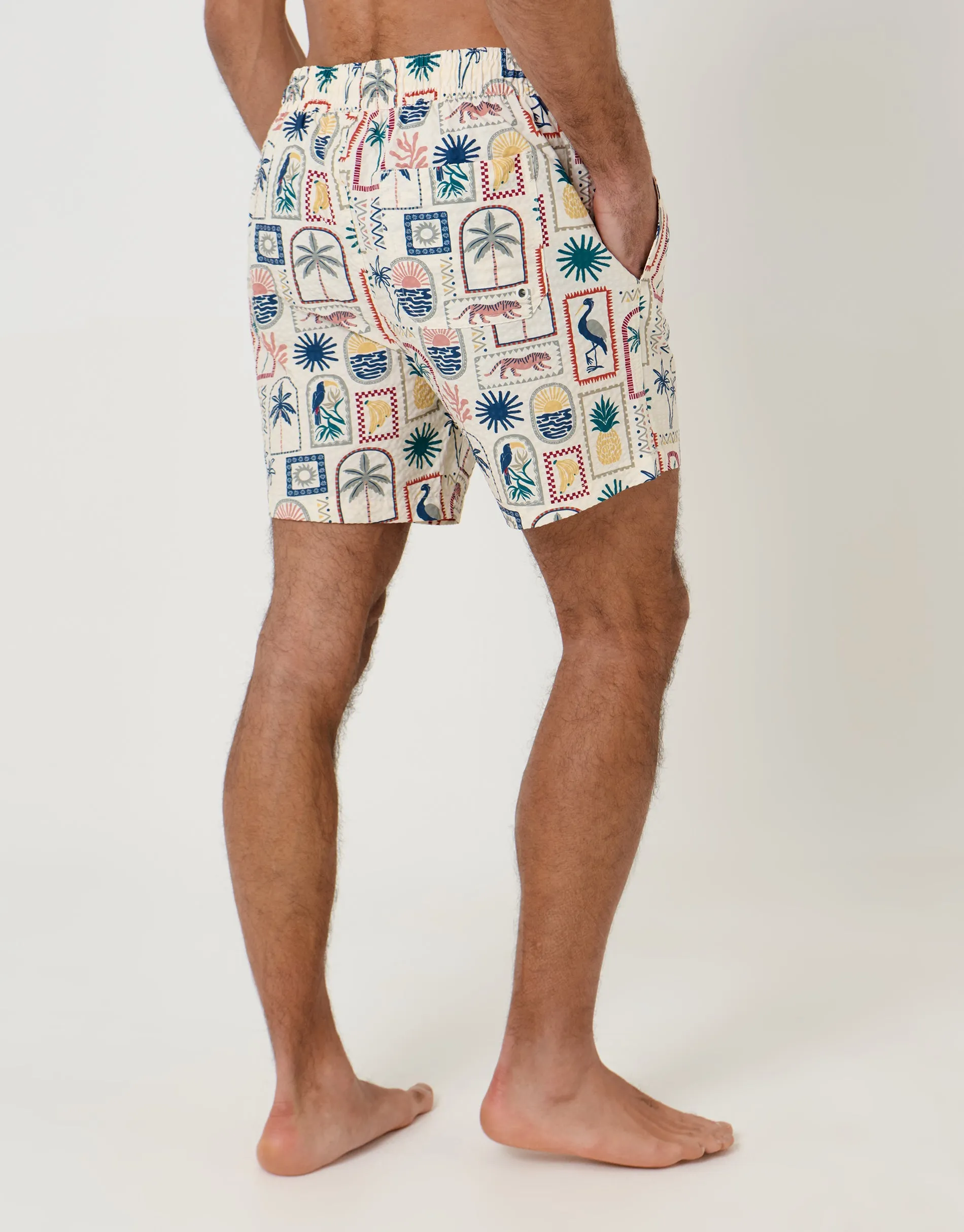Tropical Stamp Print Seersucker Swim Shorts in Cream sold by Threadbare product image thumbnail 2