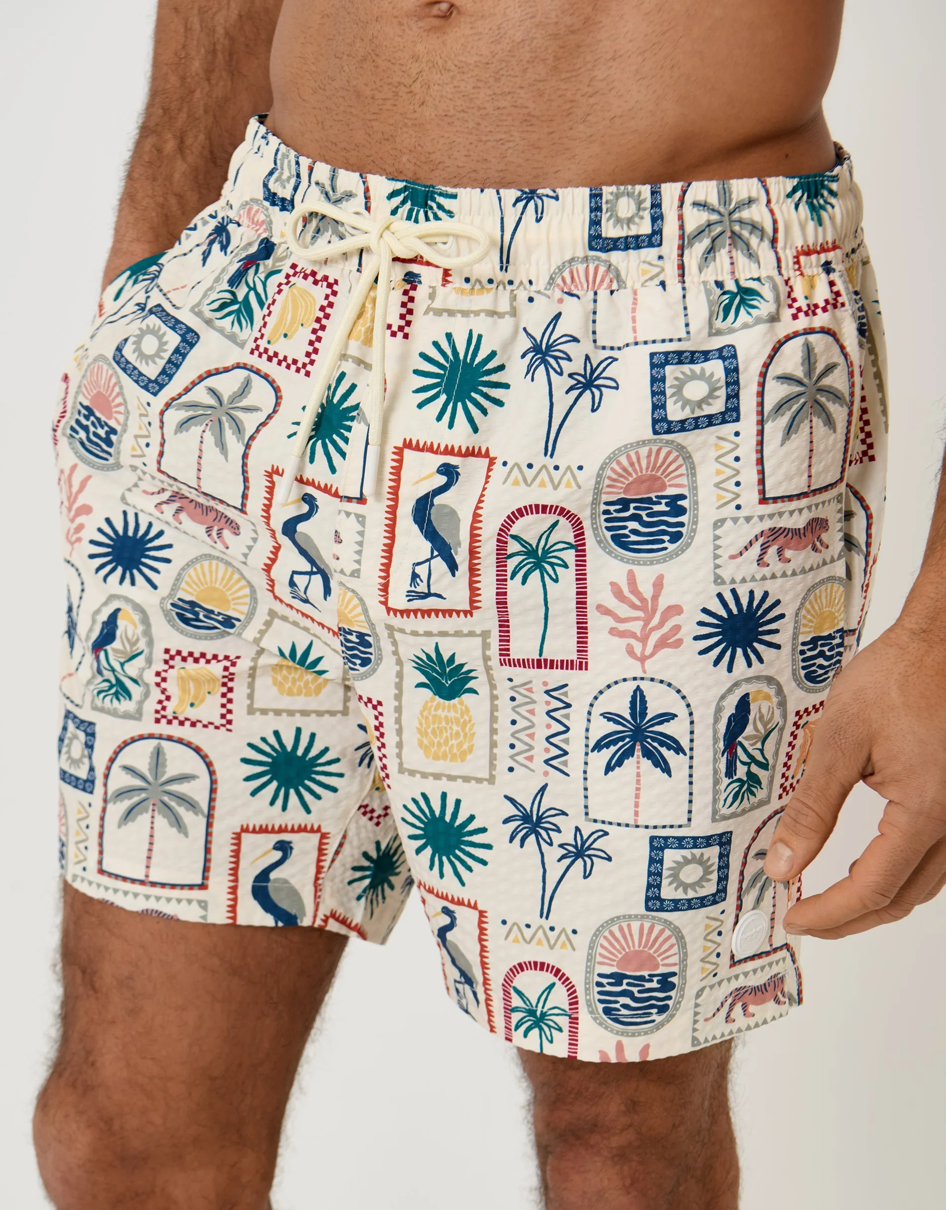 Tropical Stamp Print Seersucker Swim Shorts in Cream sold by Threadbare product image thumbnail 4