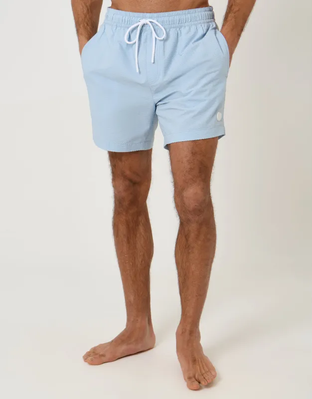 Seersucker Swim Shorts in Light Blue Stripe made by Threadbare