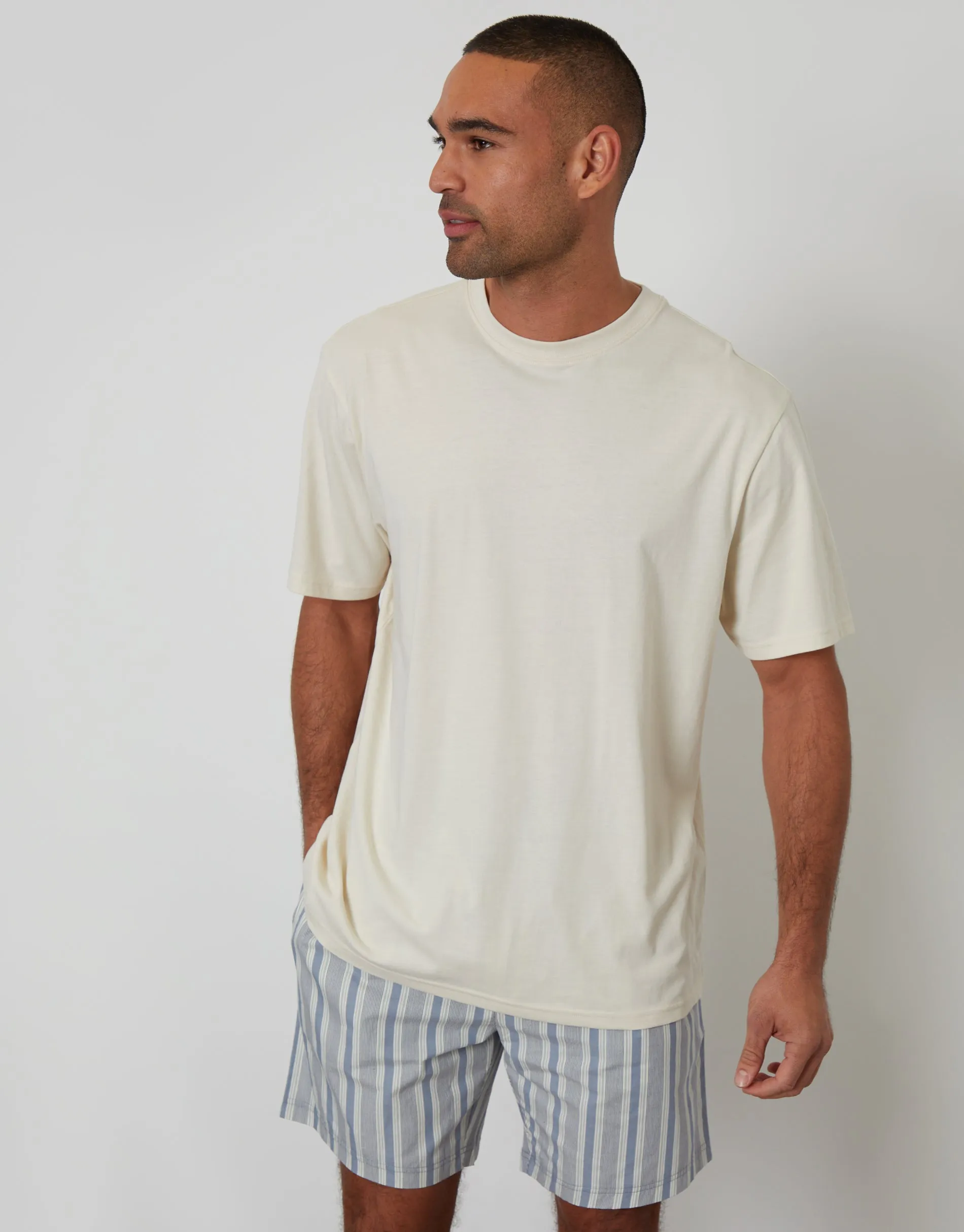 Blue & Ecru Stripe Relaxed Fit Pyjama T-Shirt & Shorts Set sold by Threadbare