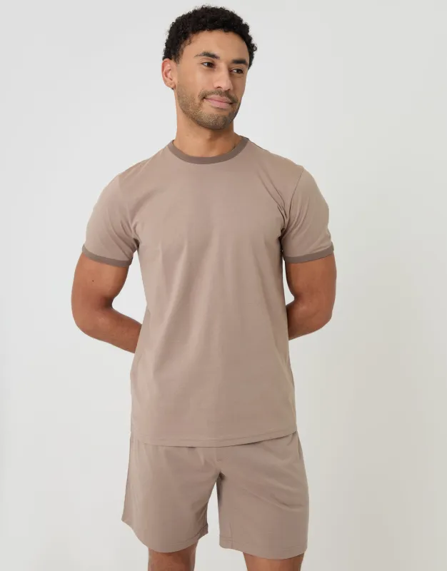 Beige Contrast Binding Short Lounge Set made by Threadbare