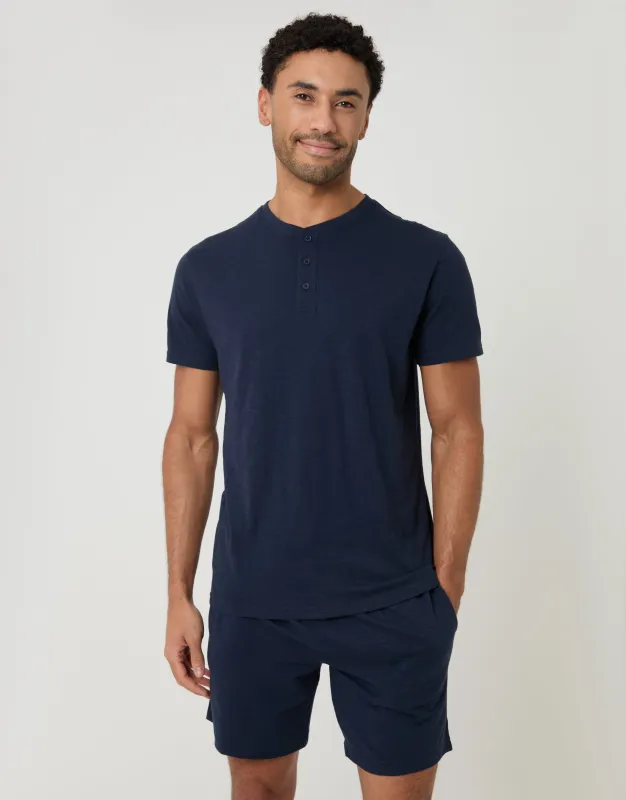 Grandad Top & Shorts Pyjama Set in Navy made by Threadbare