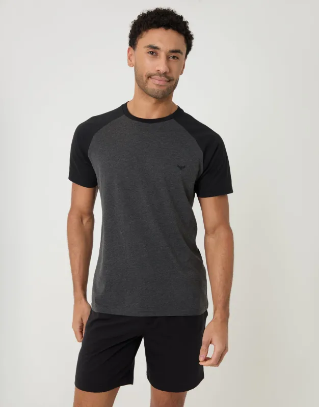 Black & Charcoal Grey Raglan Short Sleeve Top & Shorts Lounge Set made by Threadbare