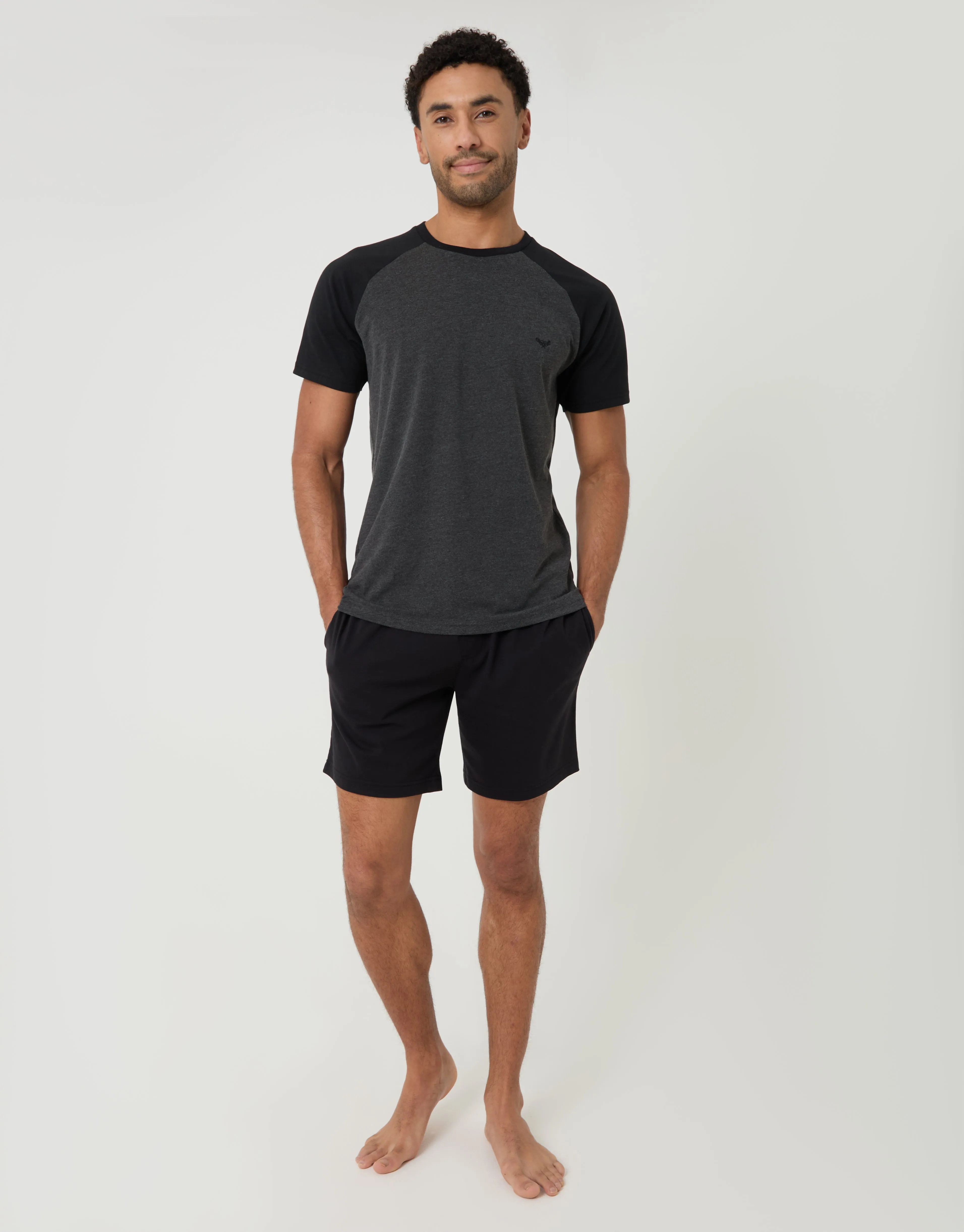 Black & Charcoal Grey Raglan Short Sleeve Top & Shorts Lounge Set sold by Threadbare product image thumbnail 3