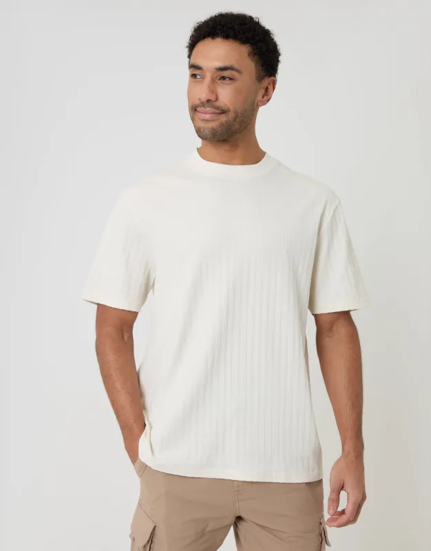 Ecru Relaxed Fit Textured Rib Stretch Cotton T-Shirt made by Threadbare