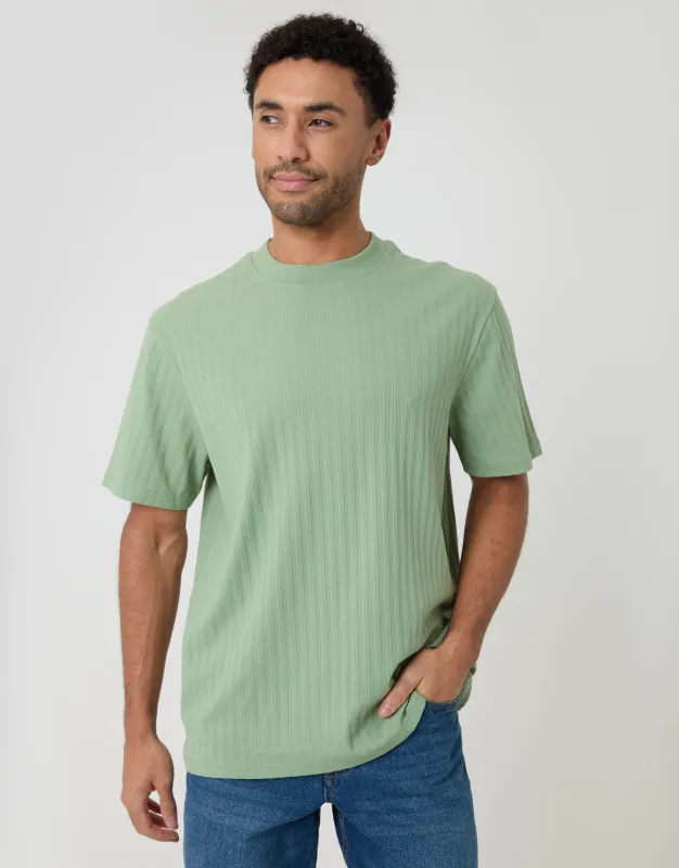 Sage Green Relaxed Fit Textured Rib Stretch Cotton T-Shirt made by Threadbare