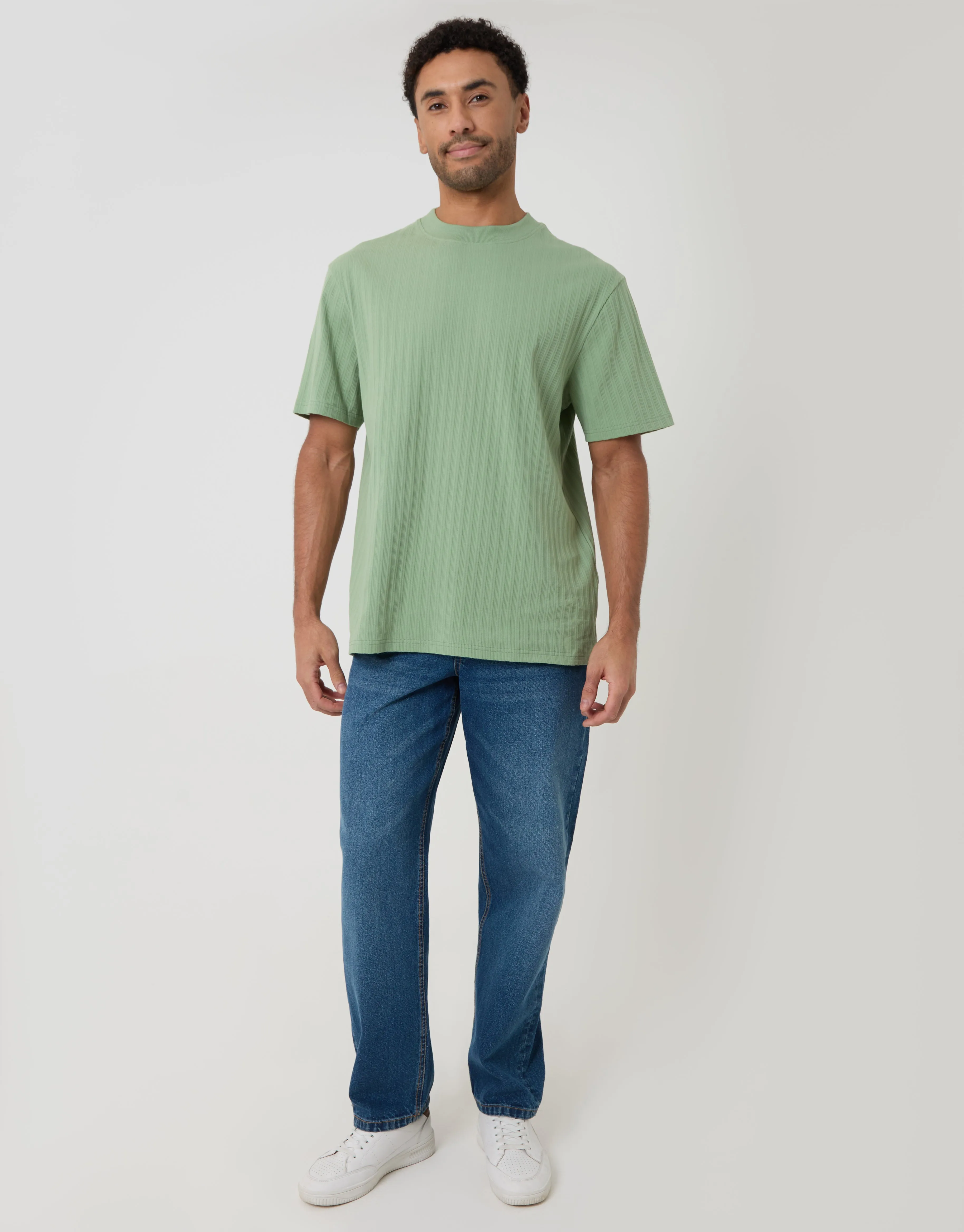 Sage Green Relaxed Fit Textured Rib Stretch Cotton T-Shirt sold by Threadbare product image thumbnail 3