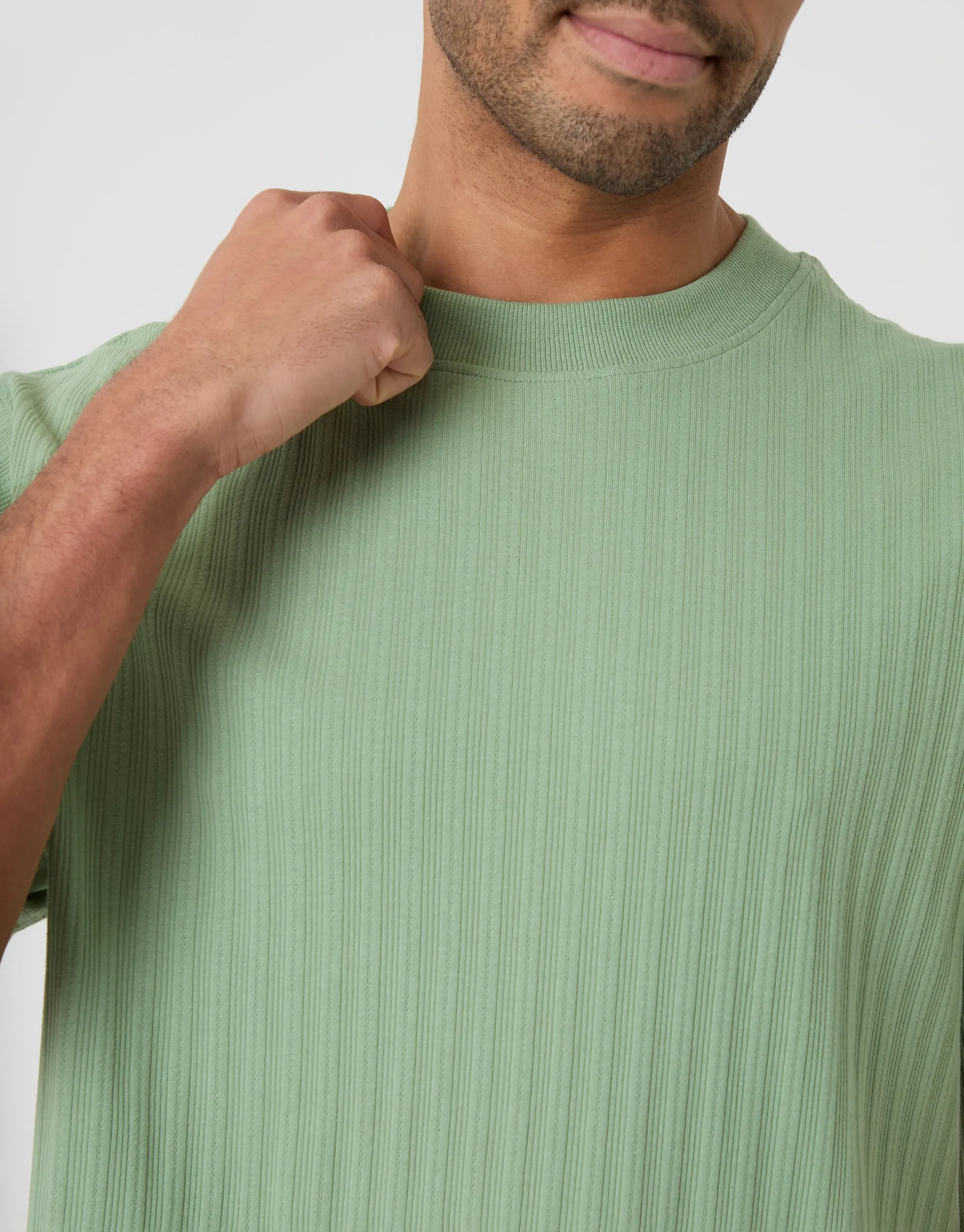 Sage Green Relaxed Fit Textured Rib Stretch Cotton T-Shirt sold by Threadbare product image thumbnail 4