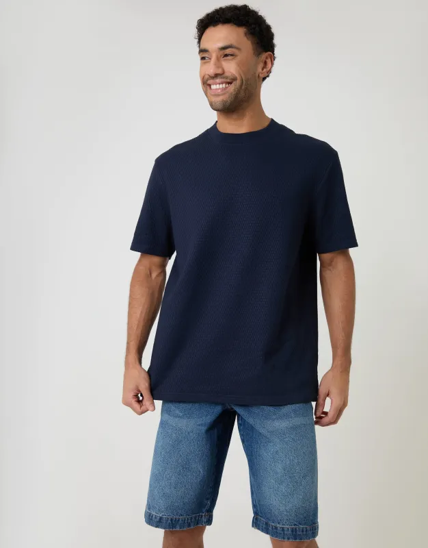 Relaxed Fit Textured Crew Neck T-Shirt in Navy made by Threadbare