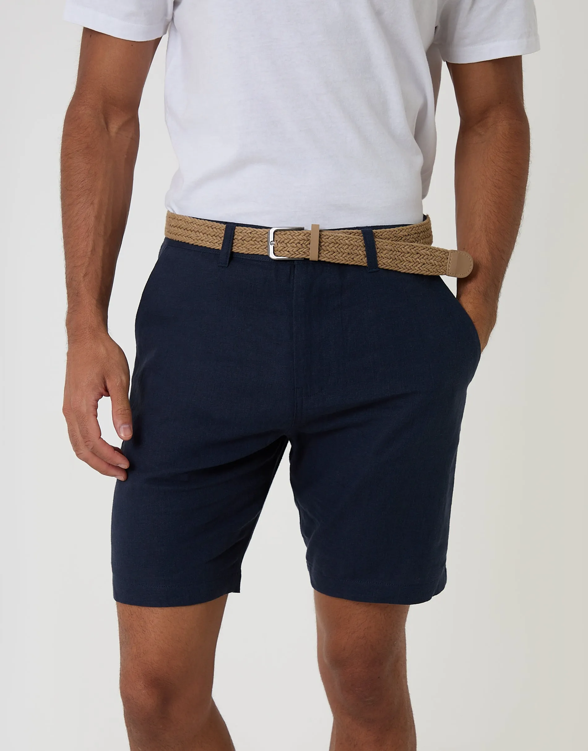 Regular Fit Linen Blend Shorts with Belt in Navy sold by Threadbare product image thumbnail 2