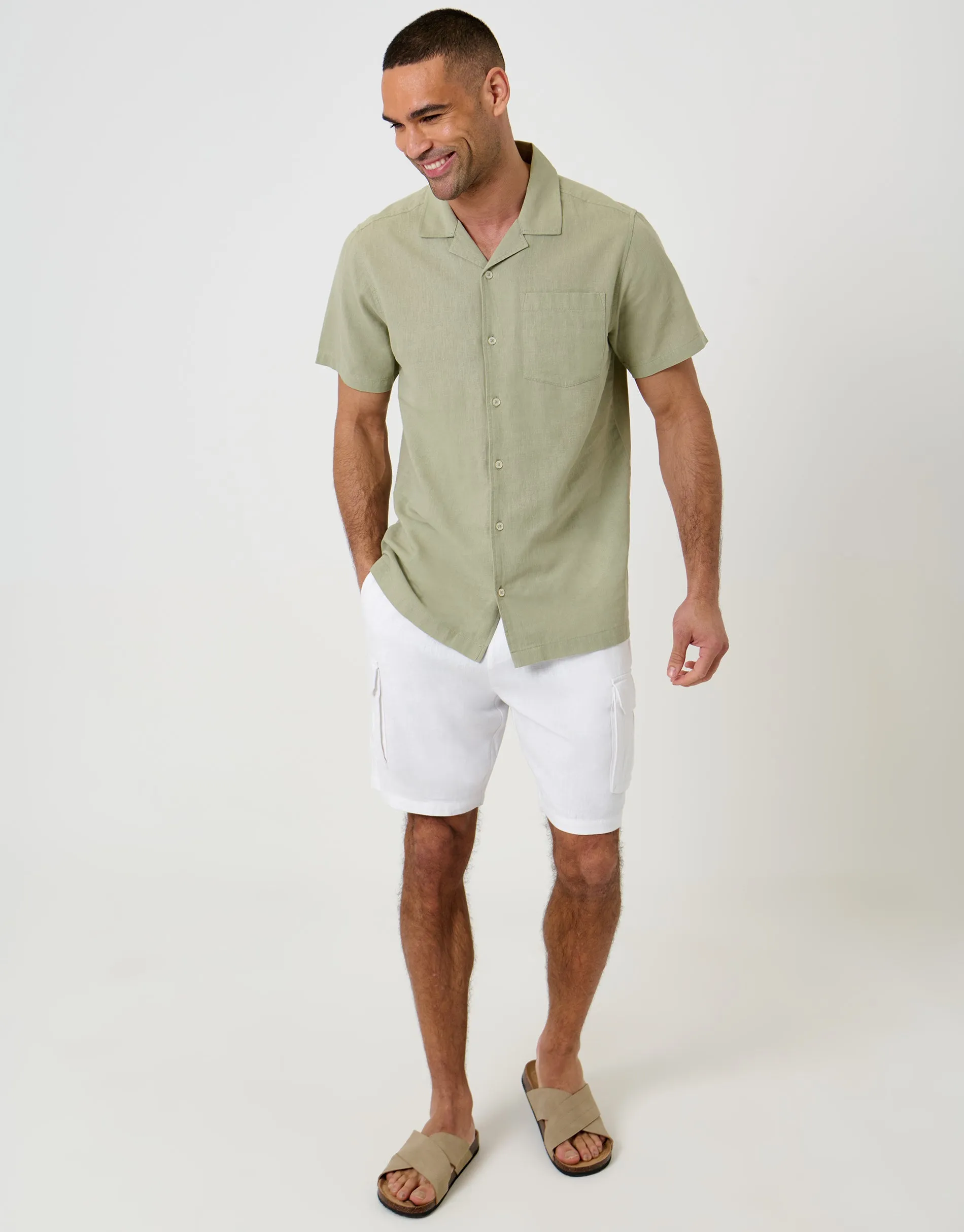Linen Cotton Blend Short Sleeve Shirt in Sage Green sold by Threadbare product image thumbnail 3