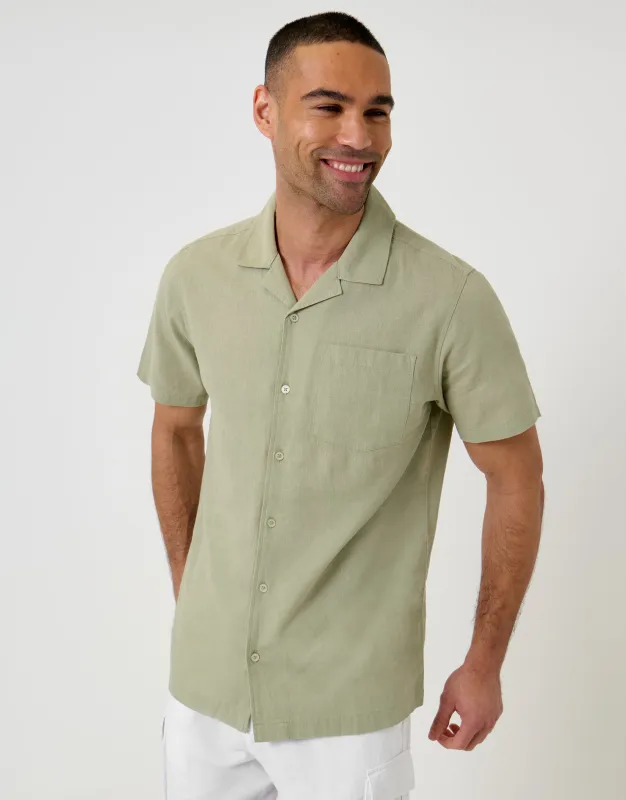 Linen Cotton Blend Short Sleeve Shirt in Sage Green made by Threadbare