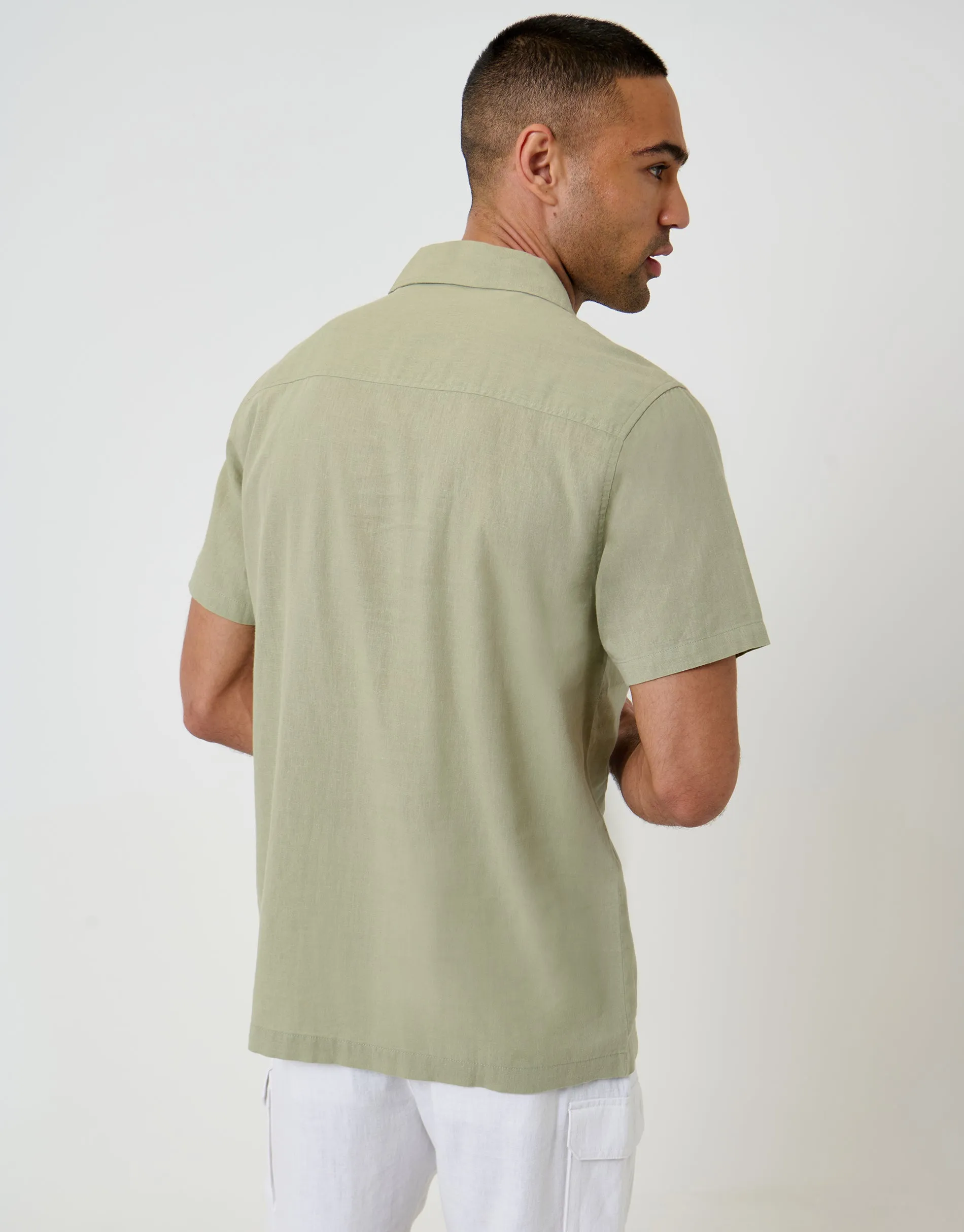 Linen Cotton Blend Short Sleeve Shirt in Sage Green sold by Threadbare product image thumbnail 2