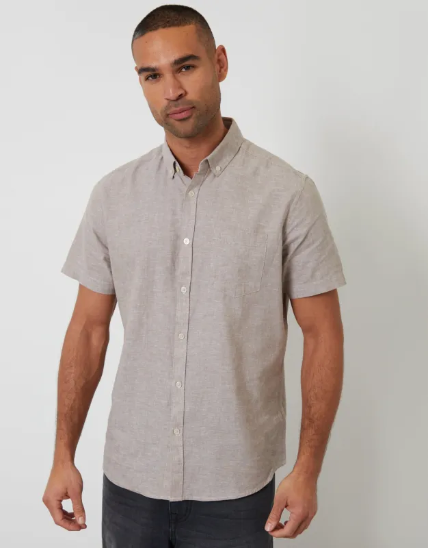 Taupe Short Sleeve Linen Blend Shirt made by Threadbare