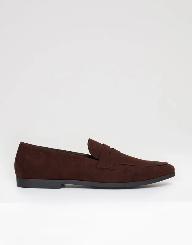 Faux Suede Penny Loafers in Brown made by Threadbare
