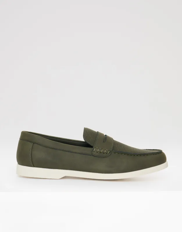 Textured Faux Suede Penny Loafers in Khaki Green made by Threadbare