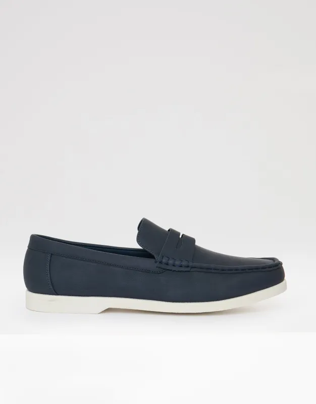 Faux Suede Penny Loafers in Navy made by Threadbare