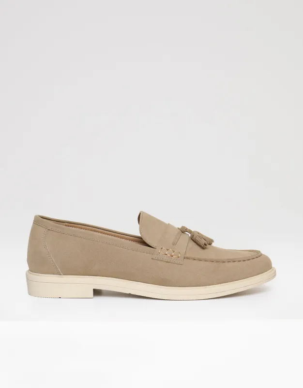 Beige Faux Suede Tassel Loafers made by Threadbare