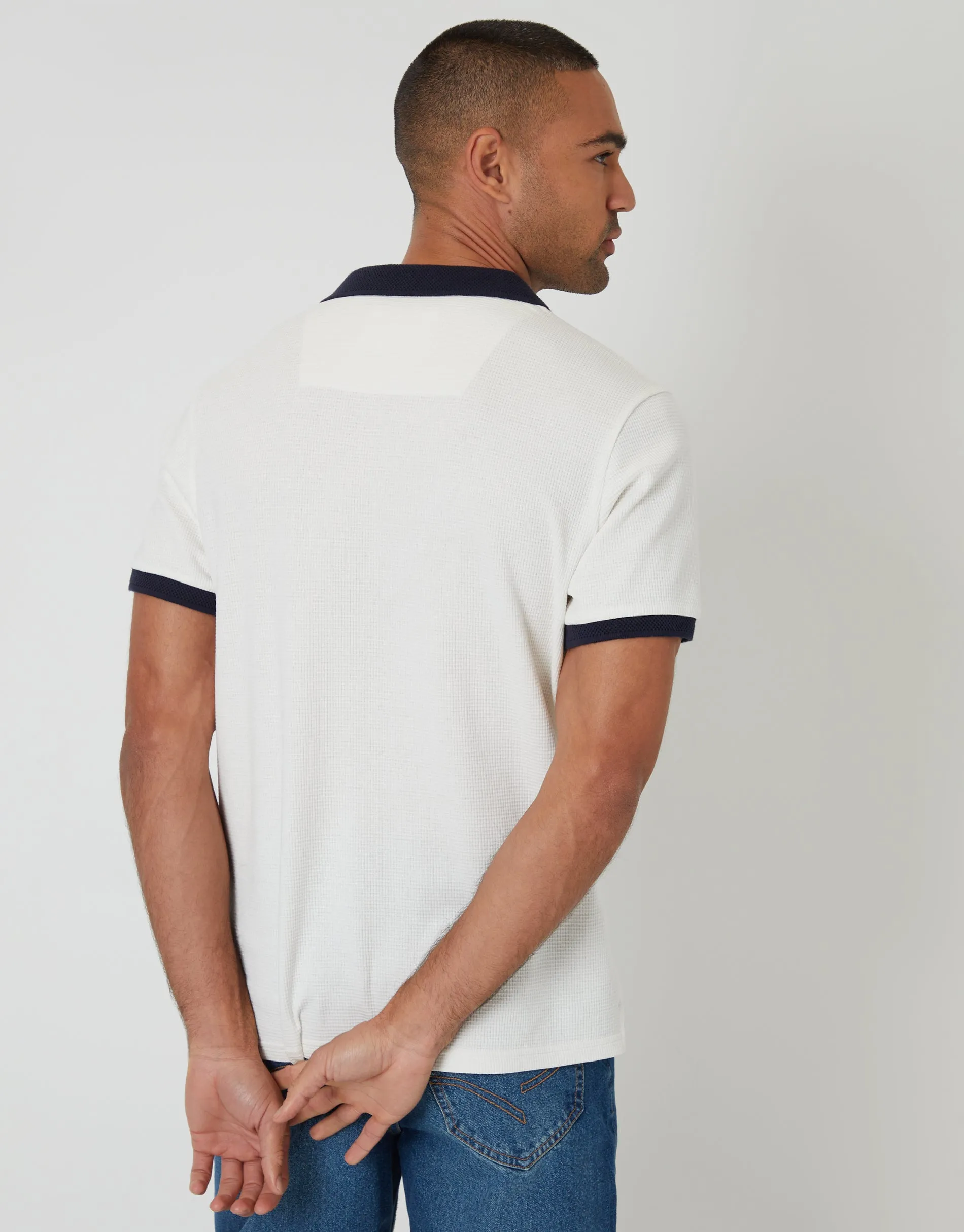 Trophy Neck Waffle Polo Shirt in White sold by Threadbare product image thumbnail 2