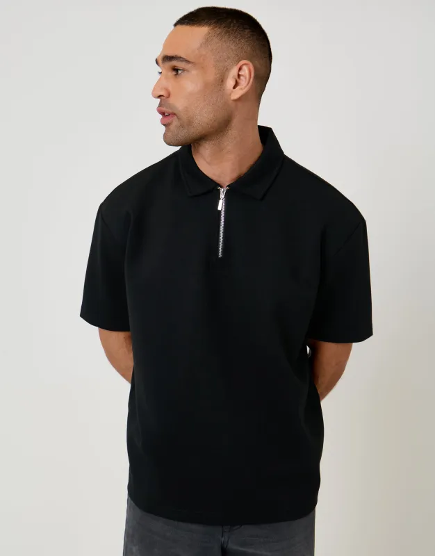 Oversized Quarter Zip Polo Shirt in Black made by Threadbare