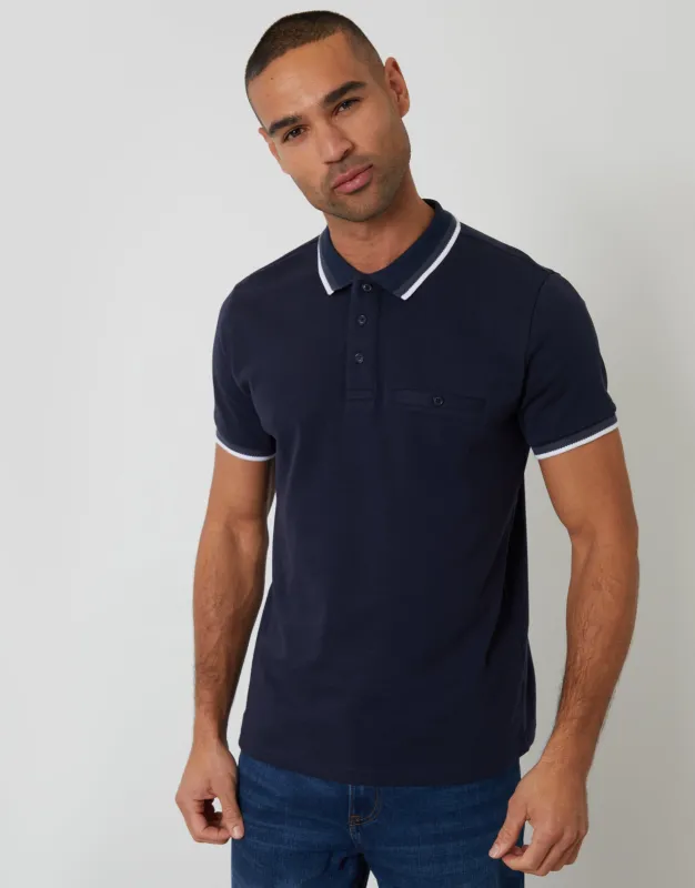 Navy Jetted Pocket Cotton Interlock Polo Shirt made by Threadbare