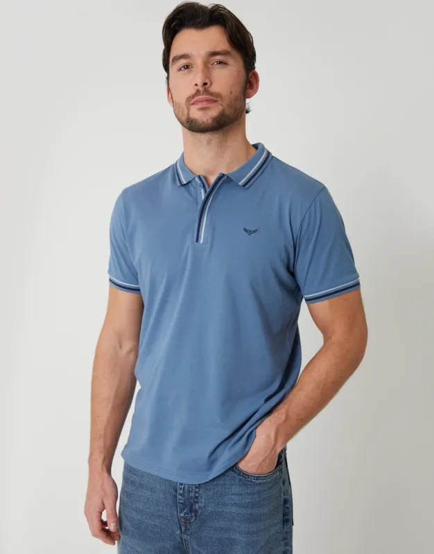 Denim Blue Contrast Tipping Hidden Placket Polo Shirt made by Threadbare