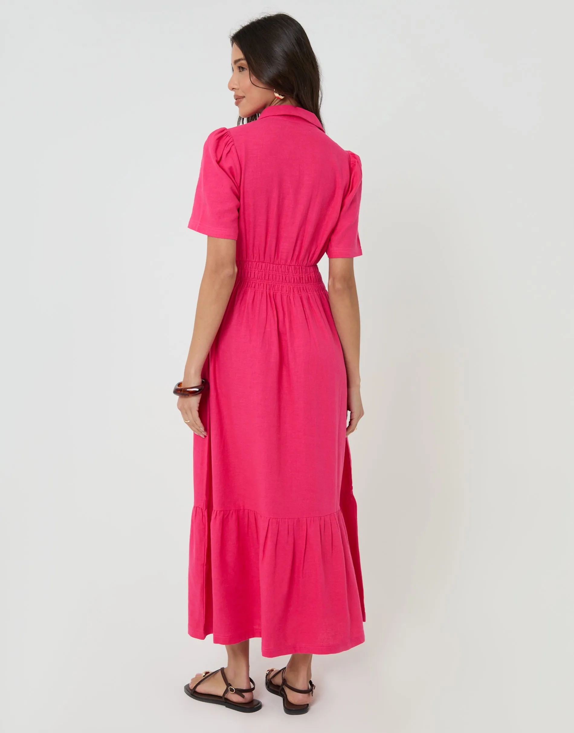 Tiered Linen Blend V Neck Maxi Dress in Pink sold by Threadbare product image thumbnail 2