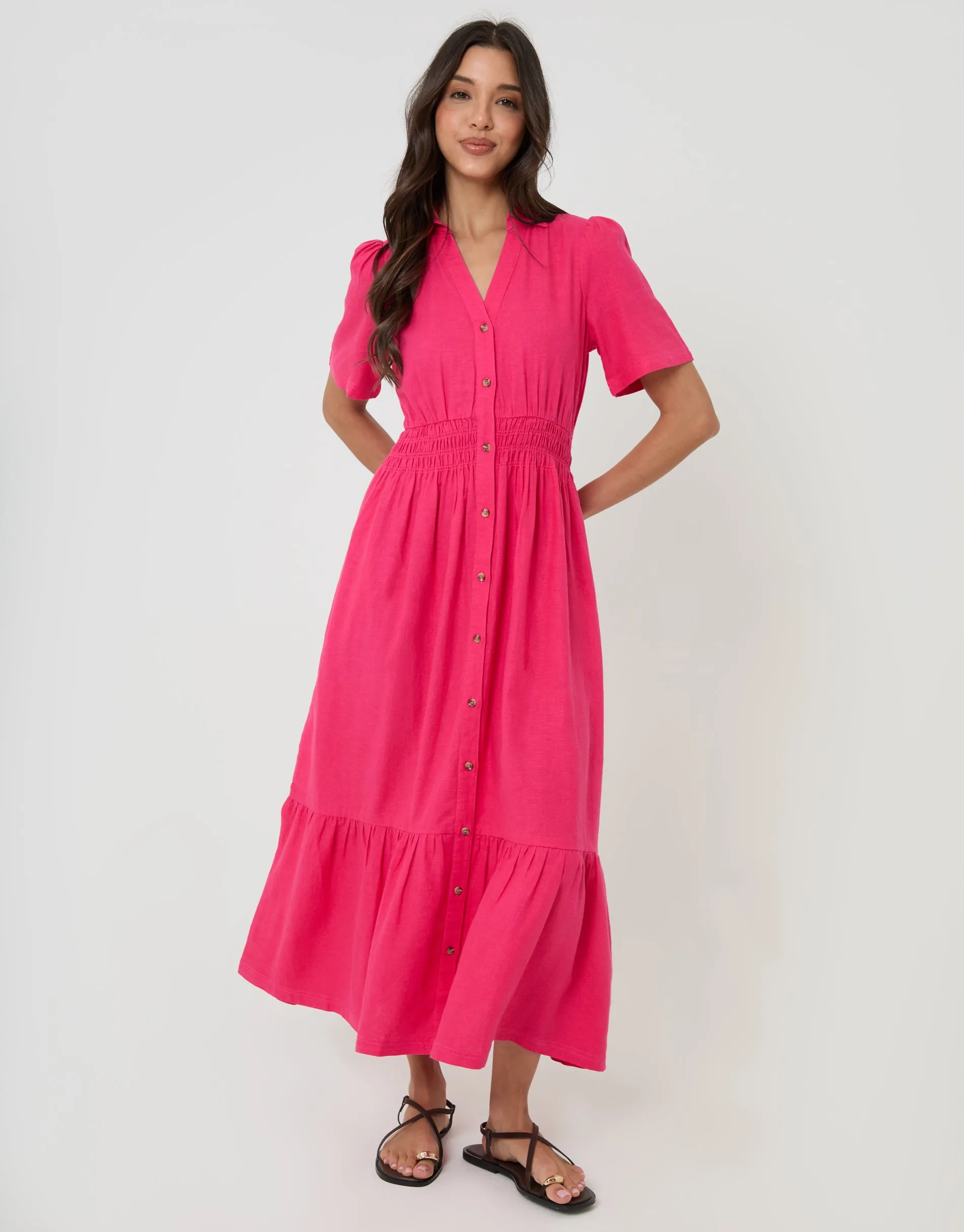 Tiered Linen Blend V Neck Maxi Dress in Pink sold by Threadbare product image thumbnail 3