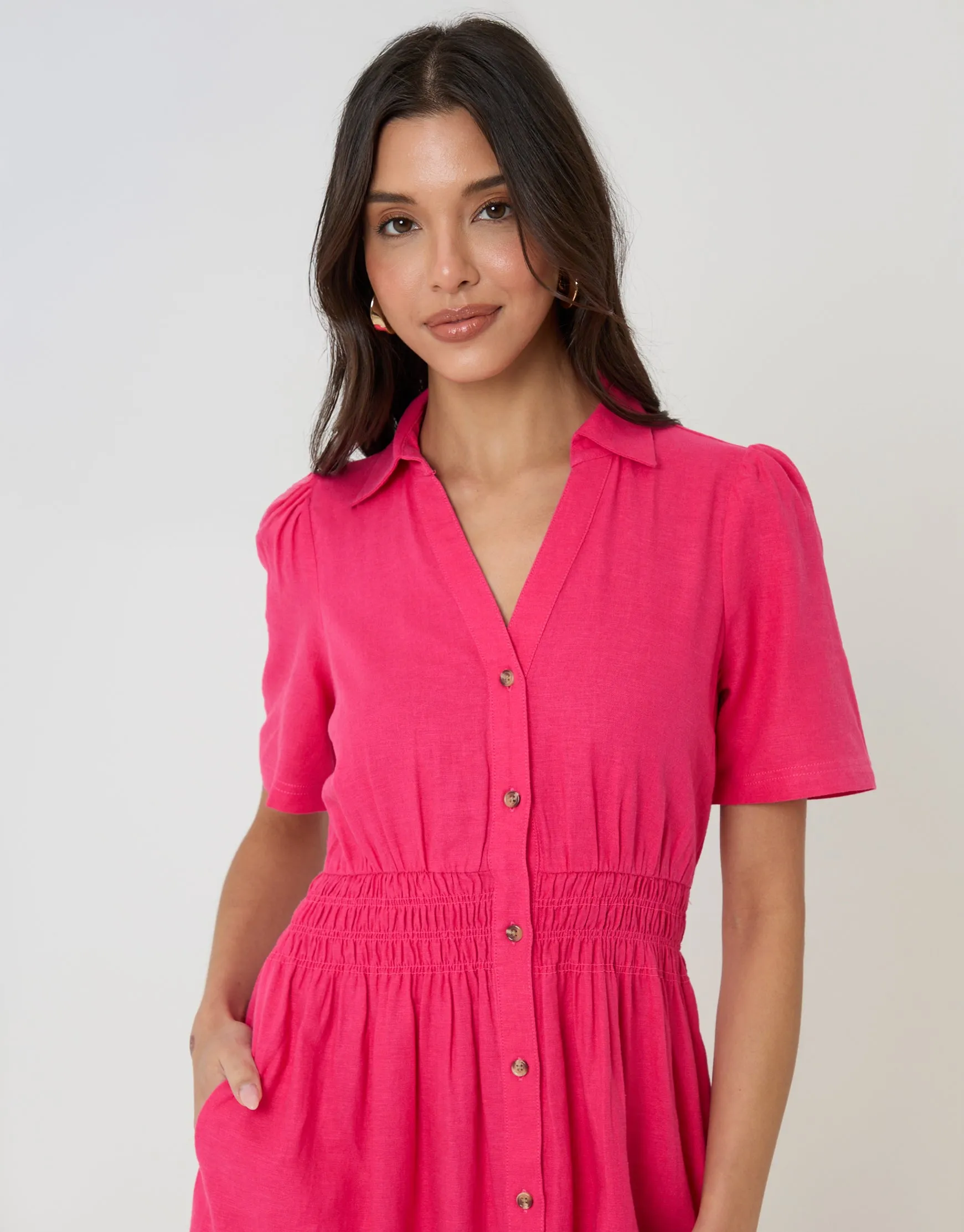 Tiered Linen Blend V Neck Maxi Dress in Pink sold by Threadbare product image thumbnail 4