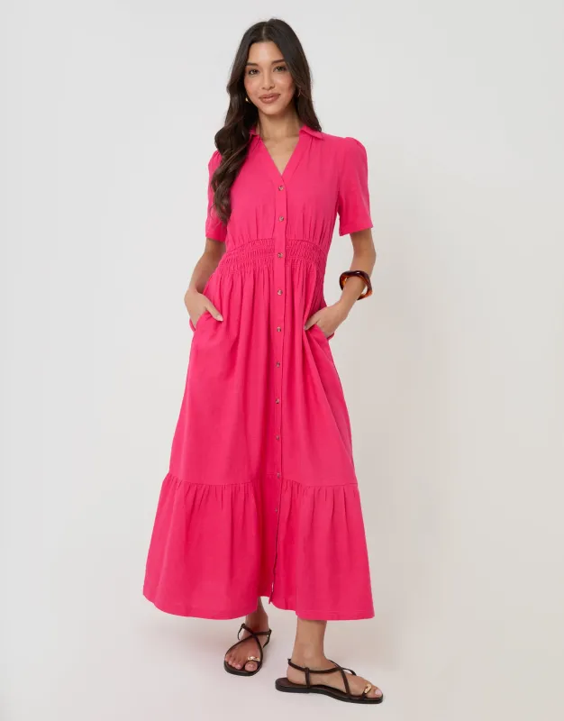 Tiered Linen Blend V Neck Maxi Dress in Pink made by Threadbare
