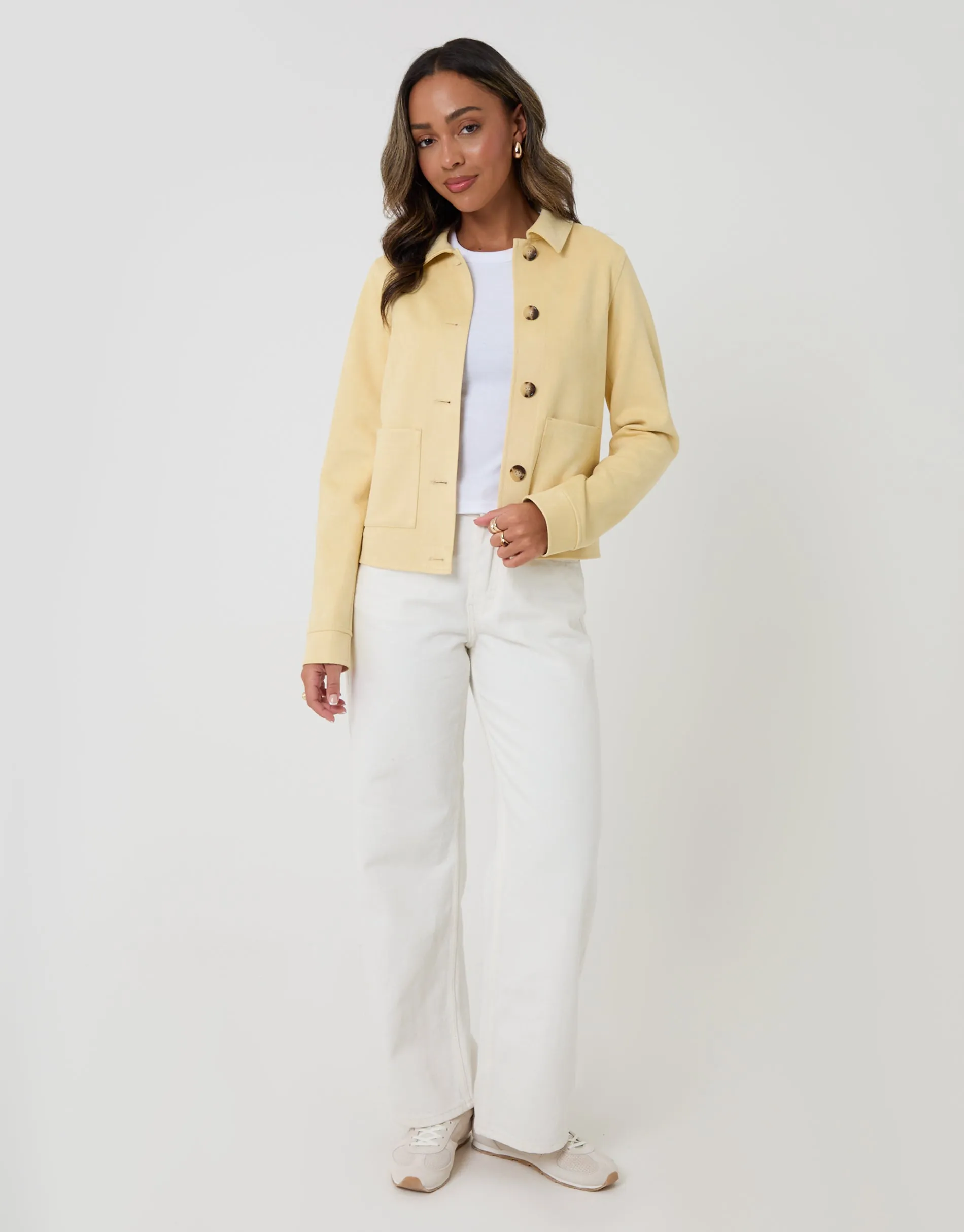 Cropped Button Up Suedette Shacket in Yellow sold by Threadbare product image thumbnail 3
