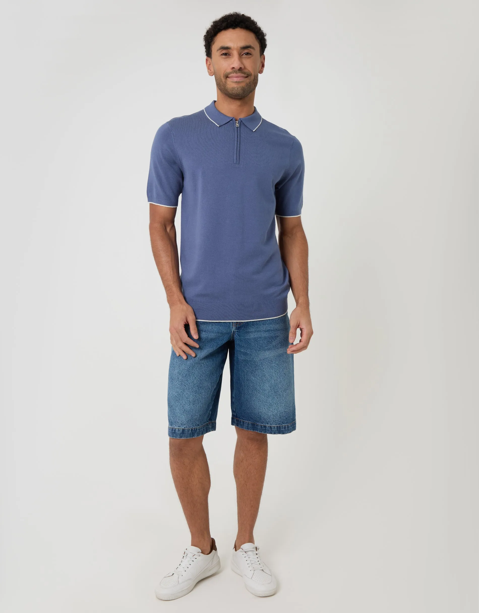 Blue Knitted Quarter Zip Polo With Contrast Tipping sold by Threadbare product image thumbnail 3