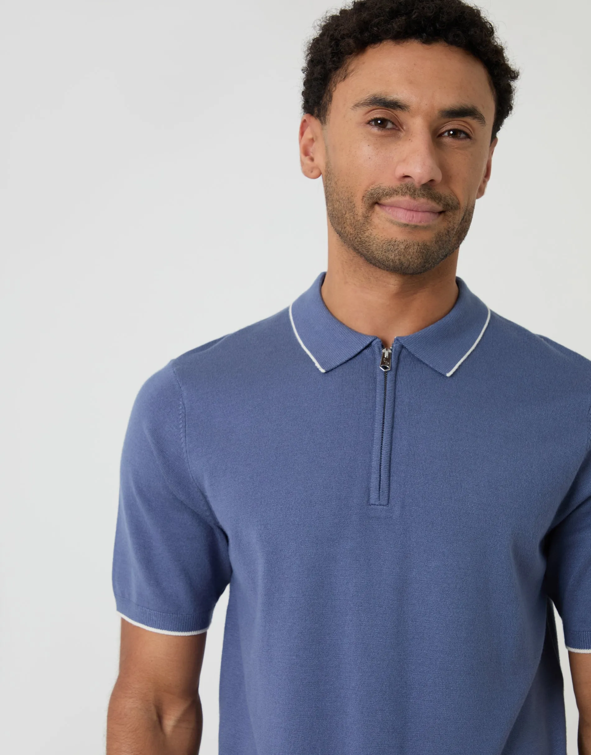 Blue Knitted Quarter Zip Polo With Contrast Tipping sold by Threadbare product image thumbnail 4