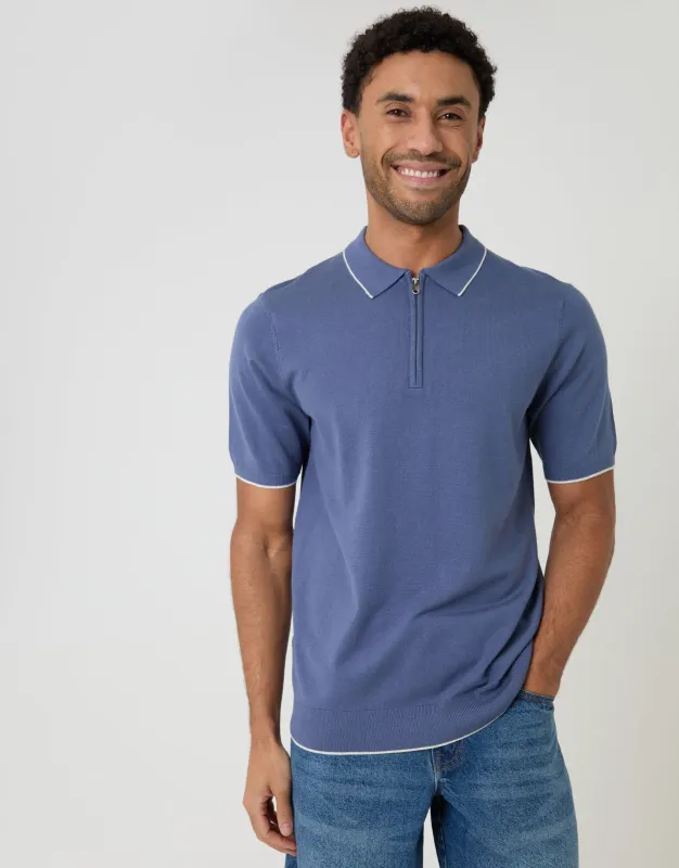Blue Knitted Quarter Zip Polo With Contrast Tipping made by Threadbare