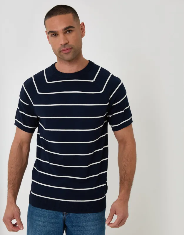 Navy Textured Stripe Knitted T-Shirt made by Threadbare