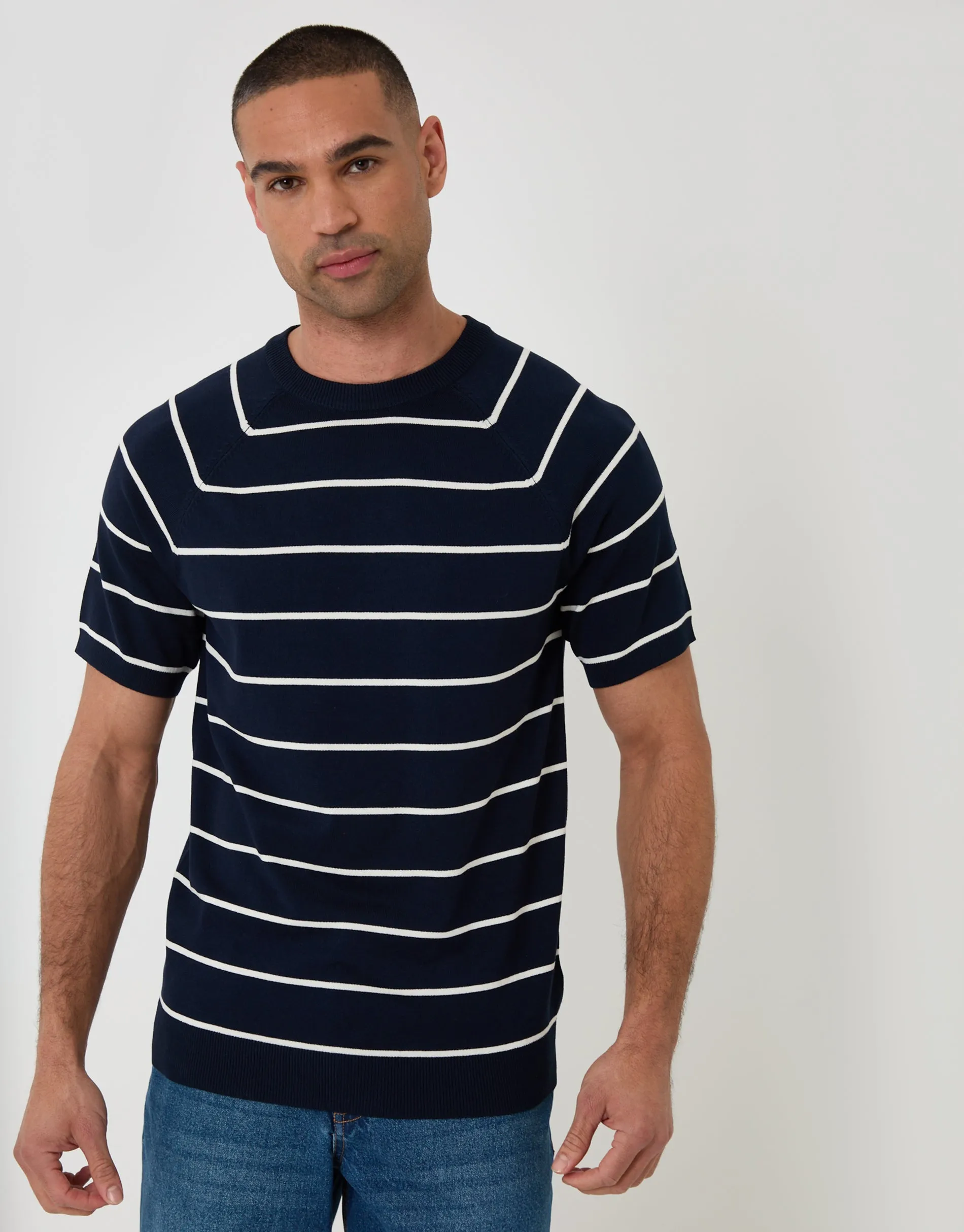 Navy Textured Stripe Knitted T-Shirt sold by Threadbare