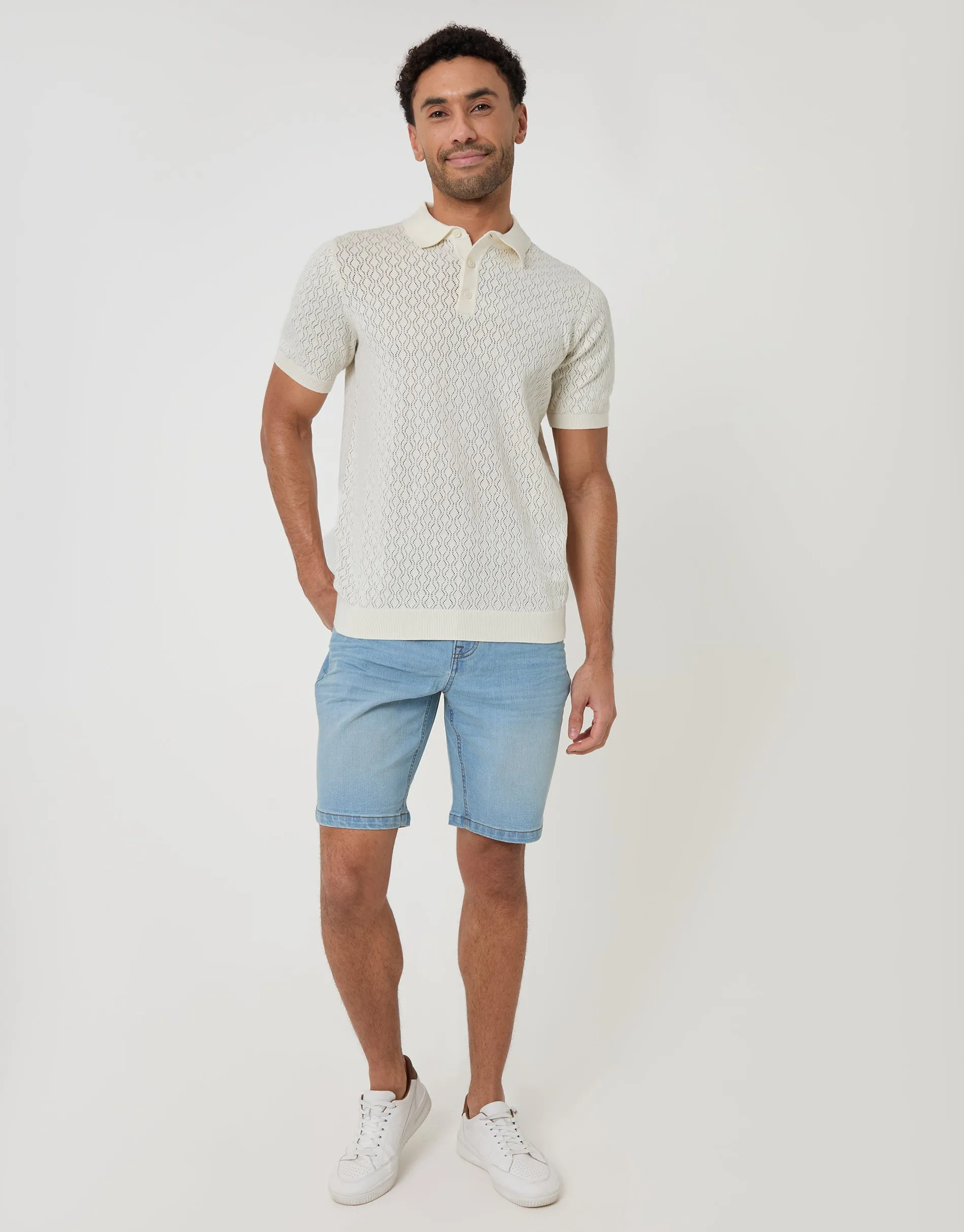 Ecru Textured Knit Short Sleeve Polo sold by Threadbare product image thumbnail 4