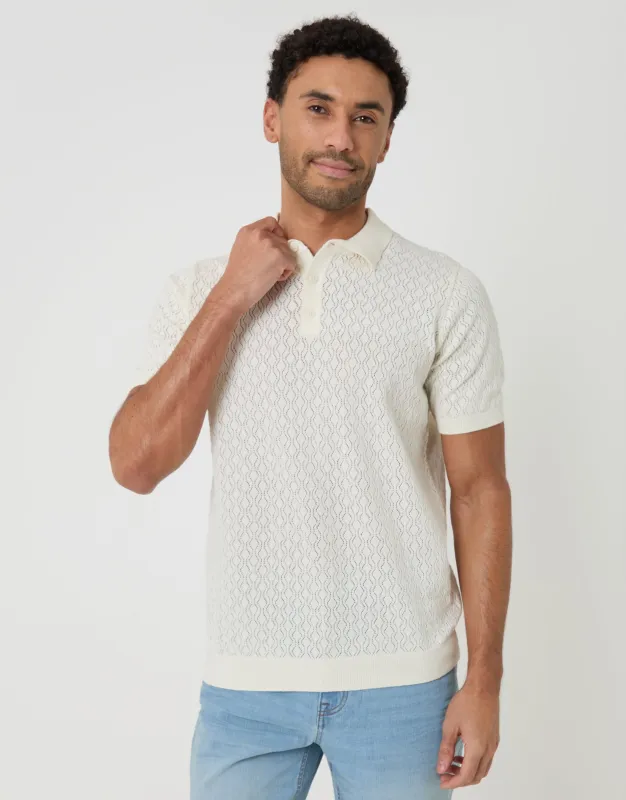 Ecru Textured Knit Short Sleeve Polo made by Threadbare