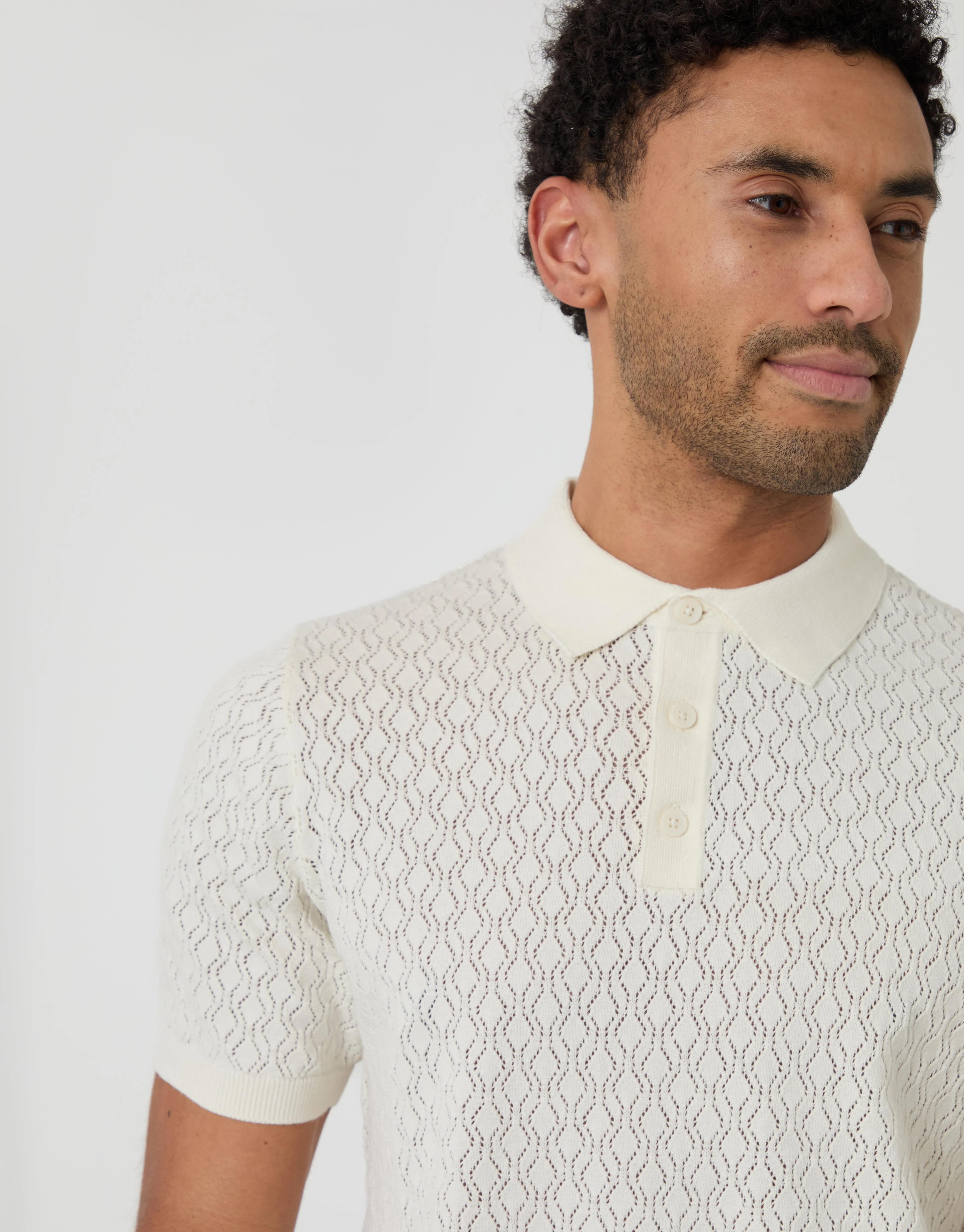 Ecru Textured Knit Short Sleeve Polo sold by Threadbare product image thumbnail 3