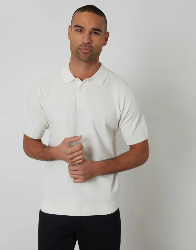 Moss Stitch Knitted Polo in Ecru made by Threadbare