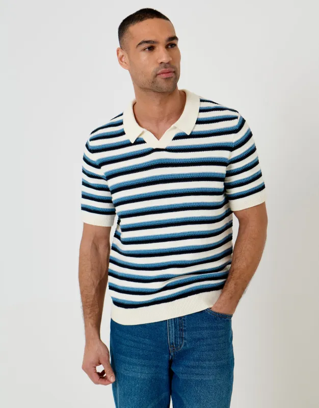 Ecru Textured Stripe Knitted Trophy Neck Polo made by Threadbare