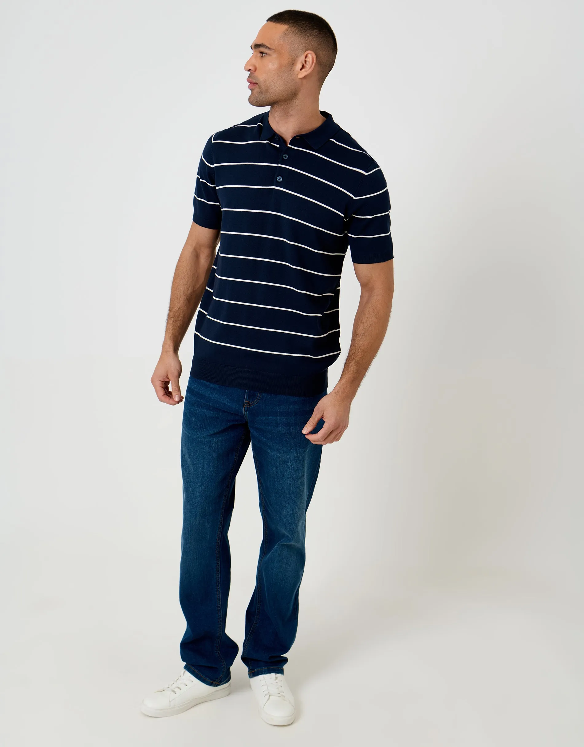 Navy Ribbed Stripe Knitted Polo sold by Threadbare product image thumbnail 3