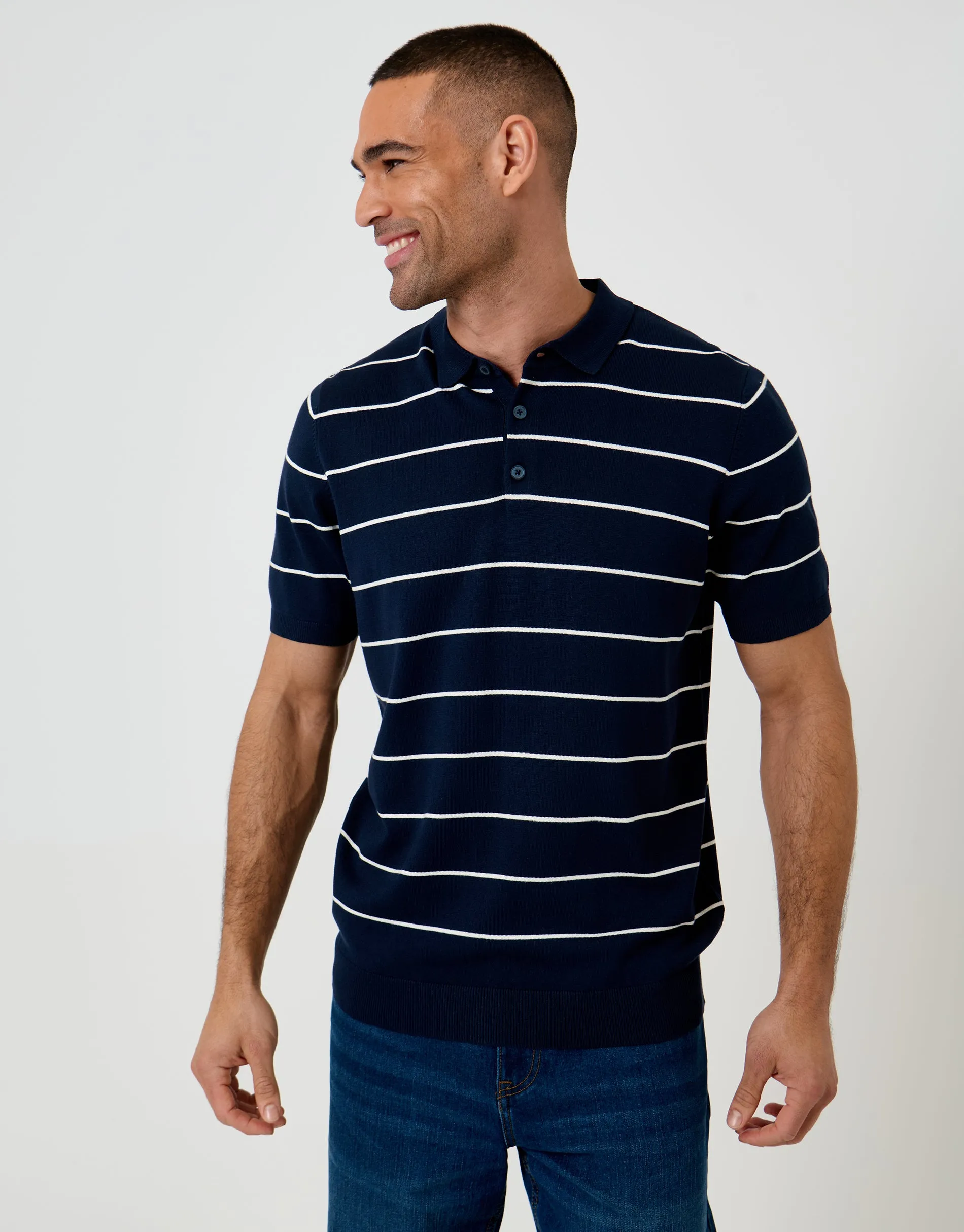 Navy Ribbed Stripe Knitted Polo sold by Threadbare