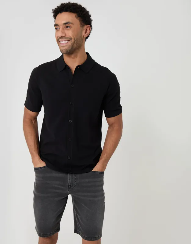 Black Knitted Short Sleeve Shirt made by Threadbare