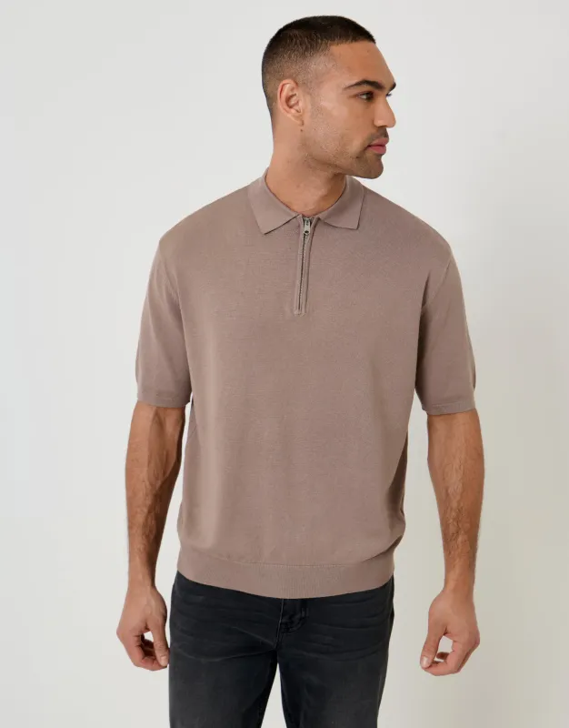 Taupe Relaxed Fit Knitted Quarter Zip Polo made by Threadbare