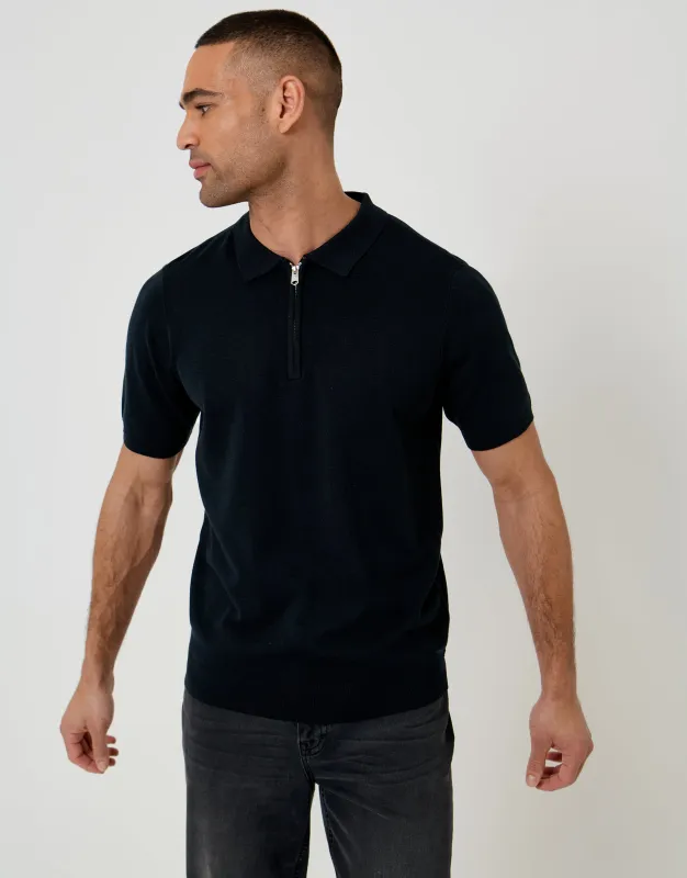 Black Quarter Zip Knitted Polo made by Threadbare