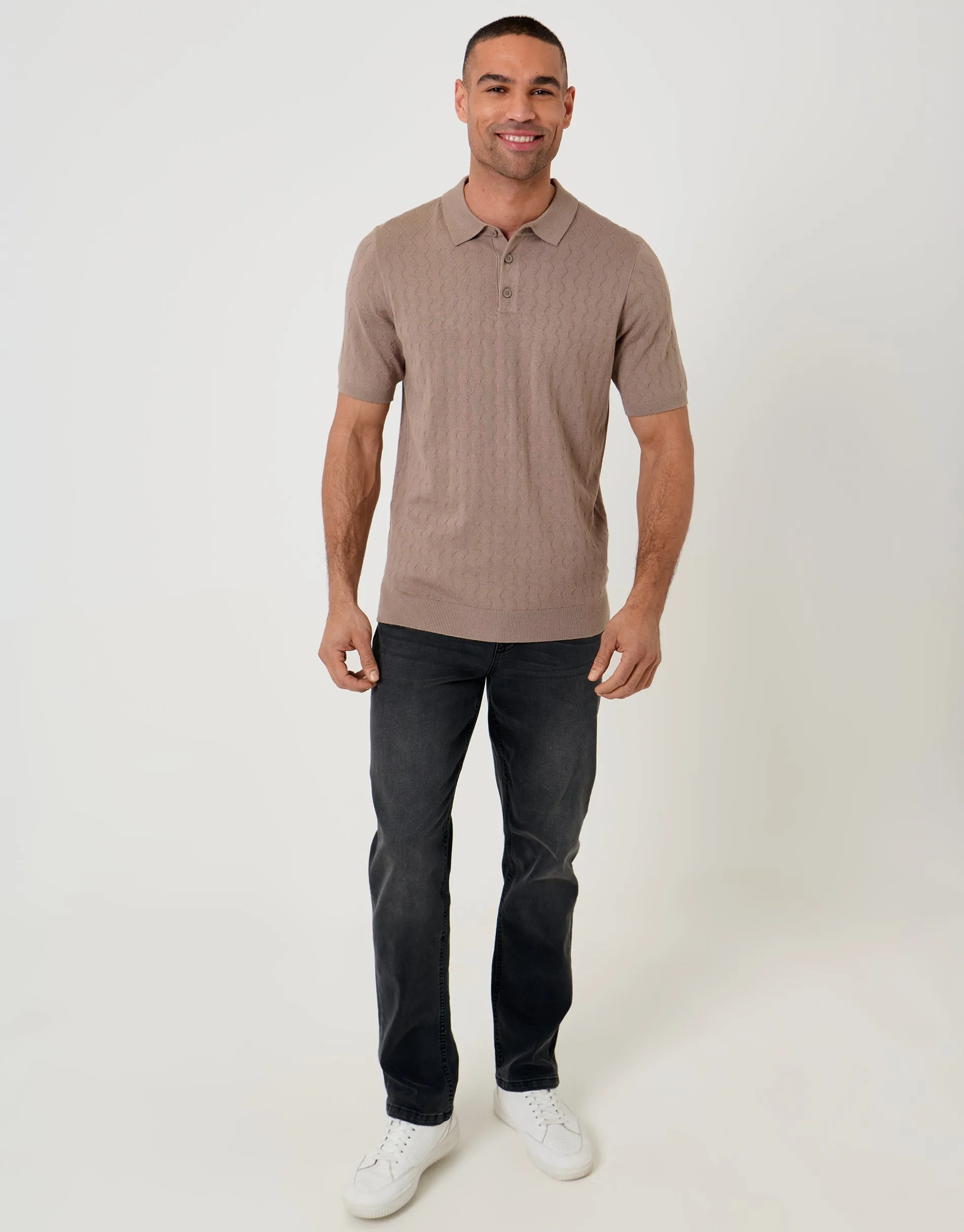 Taupe Zig Zag Stitch Knitted Polo sold by Threadbare product image thumbnail 3
