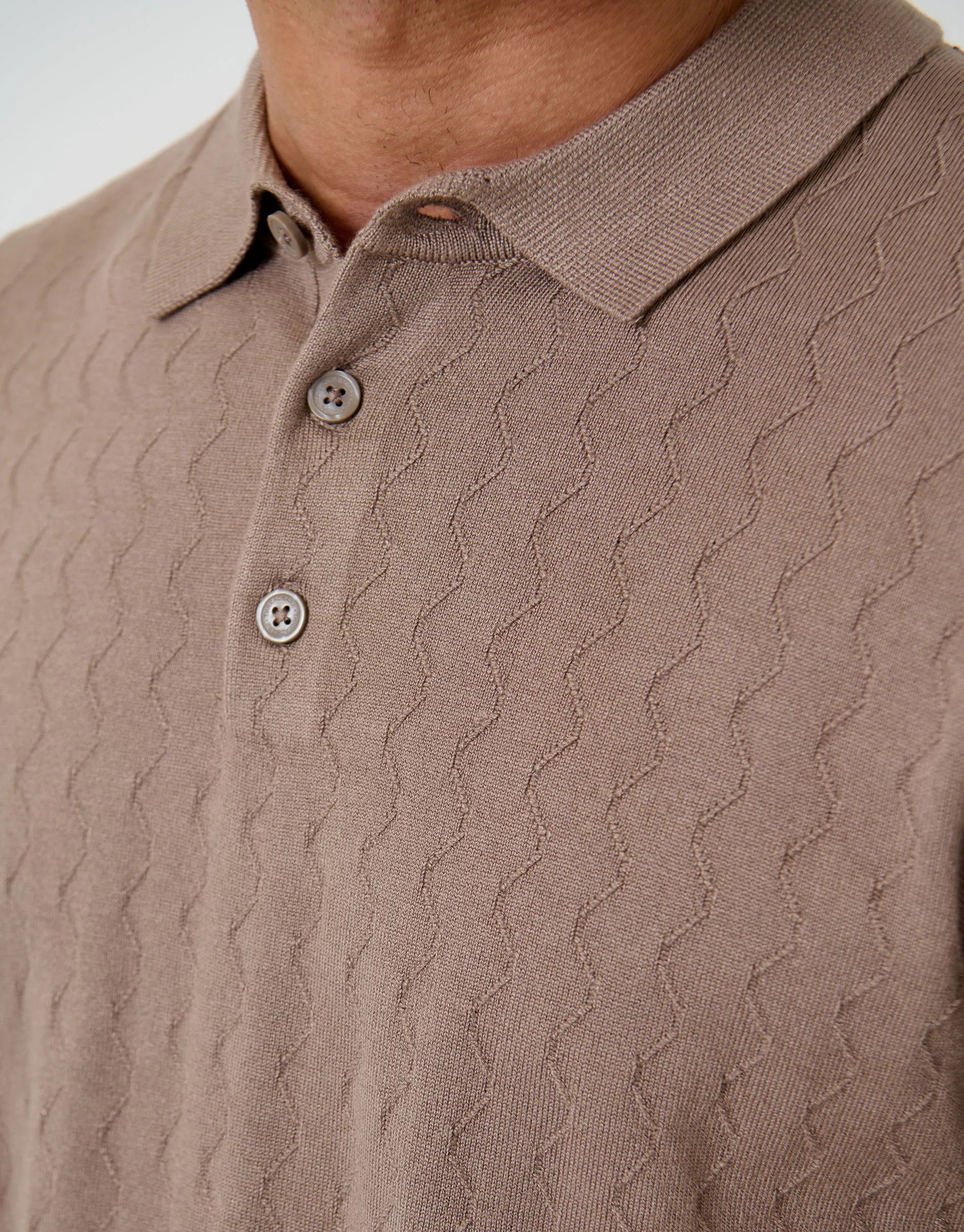 Taupe Zig Zag Stitch Knitted Polo sold by Threadbare product image thumbnail 5